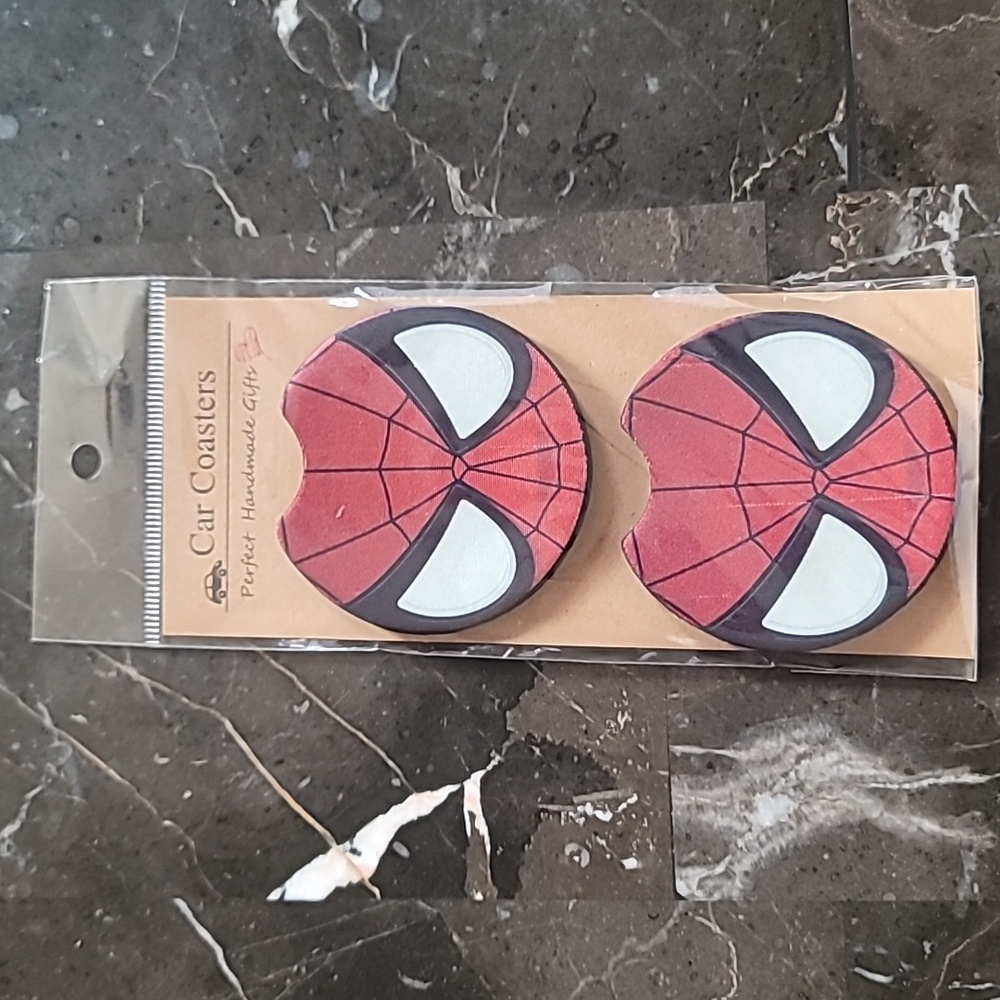 Spiderman Face Handmade Reuseable Neoprene Set of 2 Car Cup Holder Coasters